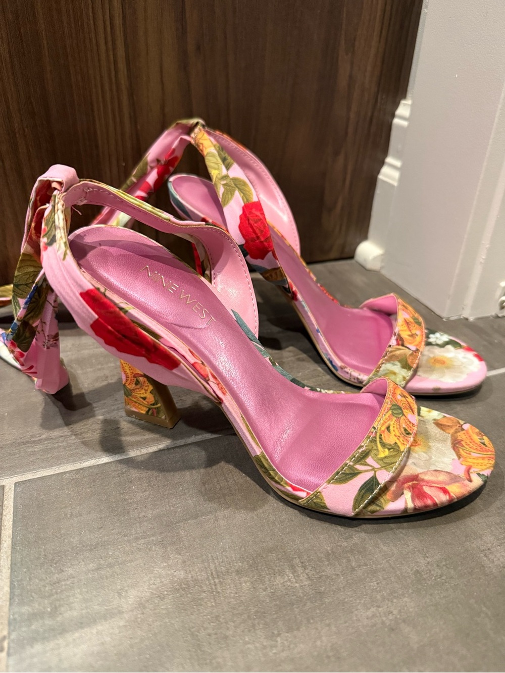 Nine West “Kobs2” ankle-tie sandals in Pink Multi floral